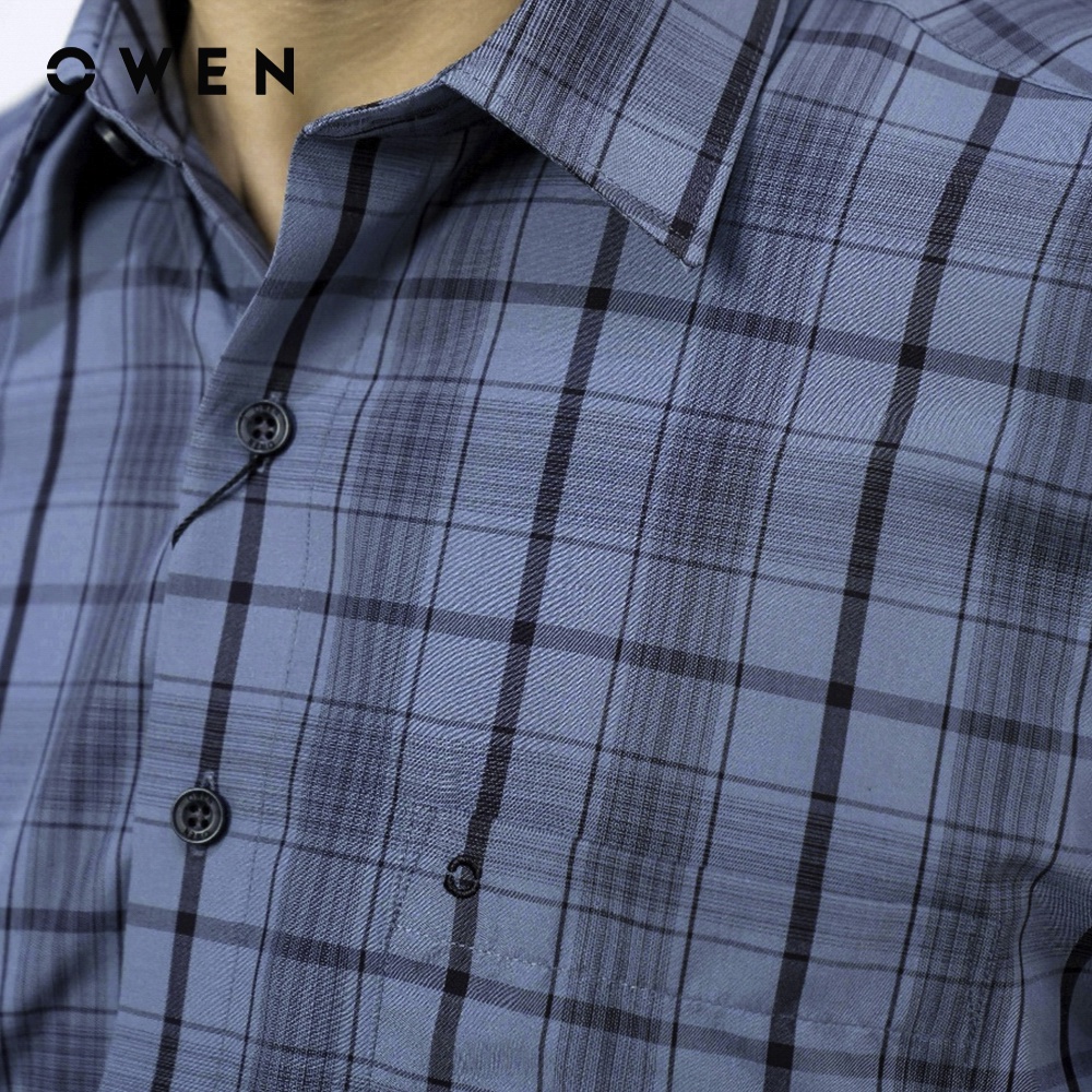 Áo sơ mi ngắn tay Nam Owen Lotus Regular Fit kẻ Xanh đen - AR220077NT