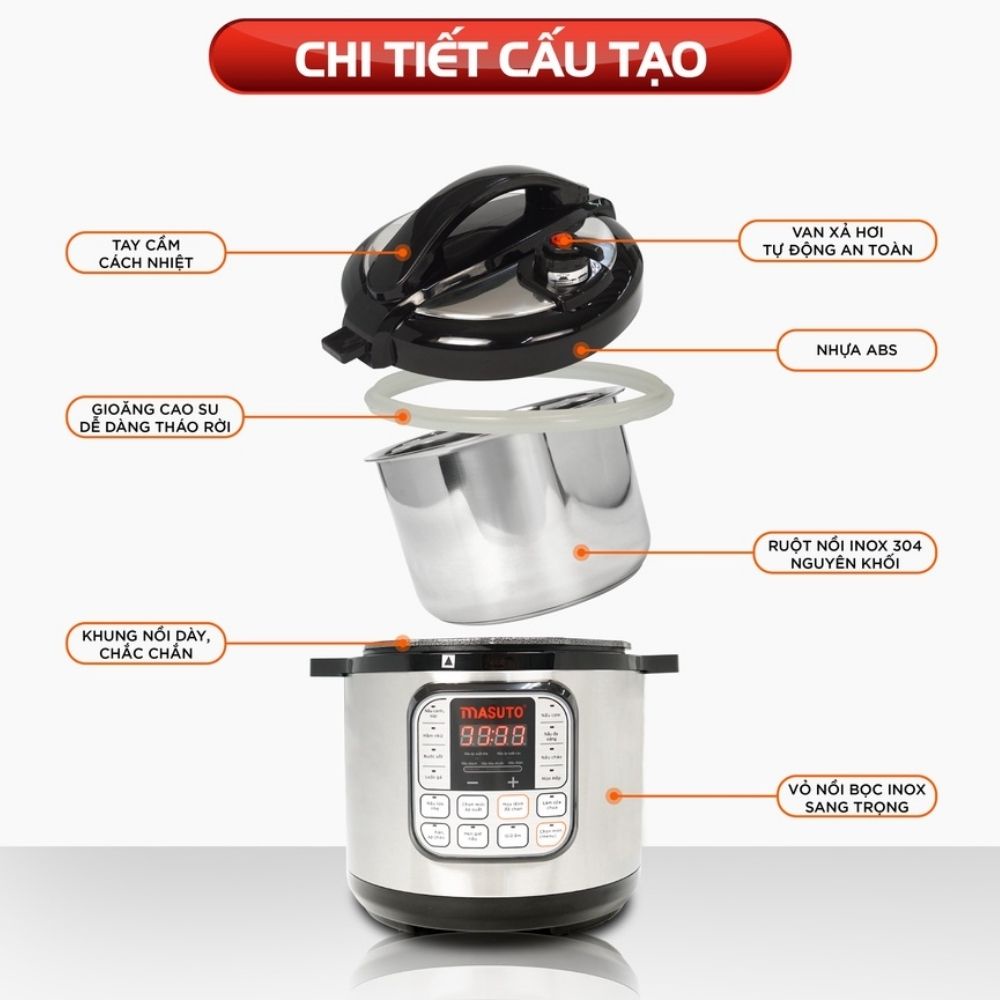 Nồi áp suất điện nhật bản đa năng Masuto 6L công suất lớn 1000W , 7 trong 1 van xả đôi tự động , bảo hành 12 tháng