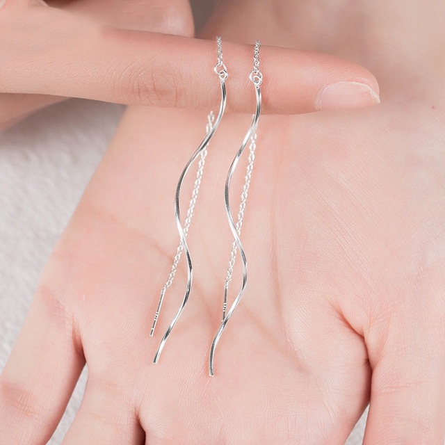 Khuyên tai mạ bạc dáng dài thiết kế đơn giản cho nữ