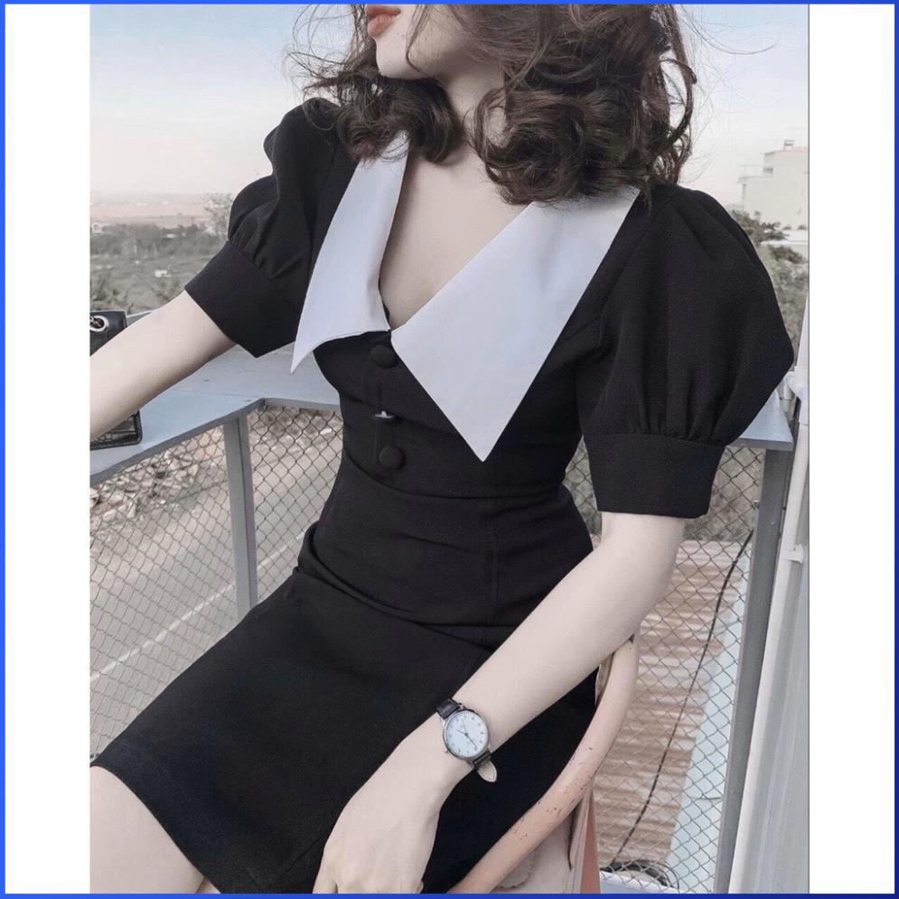Đầm màu đen MATHOA Váy Đầm Chữ A Tay Bồng Cổ Sen Trắng Dạo Phố Dự Tiệc Đi Lầm Siêu Xinh Thời Trang Nữ Đẹp