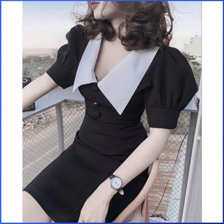 Đầm màu đen MATHOA Váy Đầm Chữ A Tay Bồng Cổ Sen Trắng Dạo Phố Dự Tiệc Đi Lầm Siêu Xinh Thời Trang Nữ Đẹp