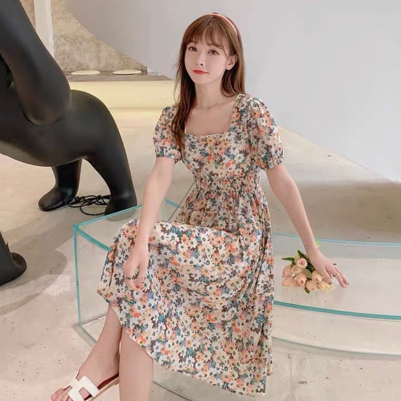Đầm lửng IELGY tay ngắn cổ vuông dáng ôm size lớn họa tiết hoa