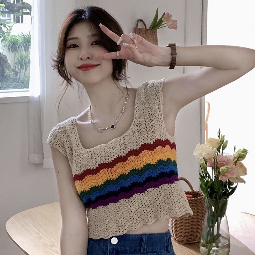 Jiashucheng Áo Dệt Kim Ngắn Không Tay Họa Tiết Sọc Cầu Vồng Khoét Rỗng Phong Cách Preppy Mới Dễ Phối Đồ Cho Nữ