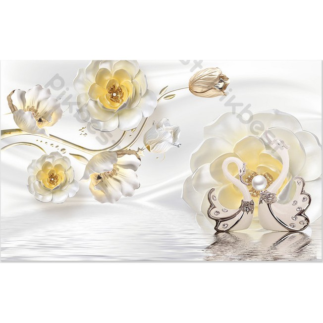 Tranh dán tường Bức tường lụa với dàn hoa anh túc và thiên nga, Tranh dán tường 3d hiện đại (tích hợp sẵn keo) MS793173