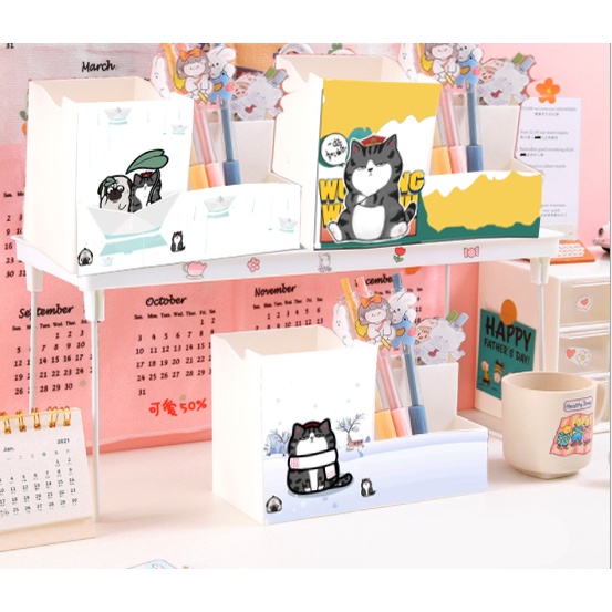 Ống cắm bút vuông pastel  bare bear CBV2 hoàng đế mèo capoo molang pusheen gấu brown tonton kero khủng long