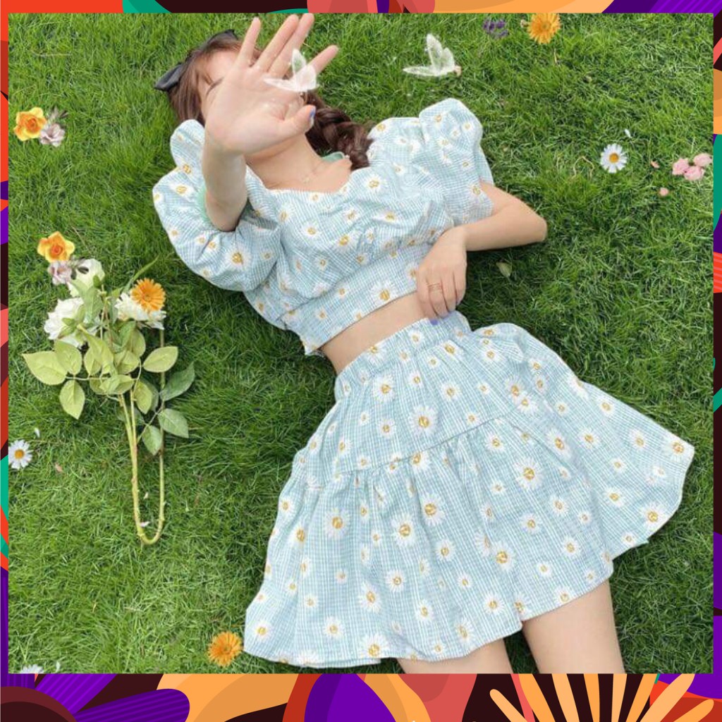 ❤ Thời Trang Nữ Đẹp Rẻ ✨ Set Áo Croptop Caro Cổ Vuông Tay Bồng + Chân Váy Kẻ Caro In Hoa Cúc Xanh Vàng Ulzzang - Áo Kẻ