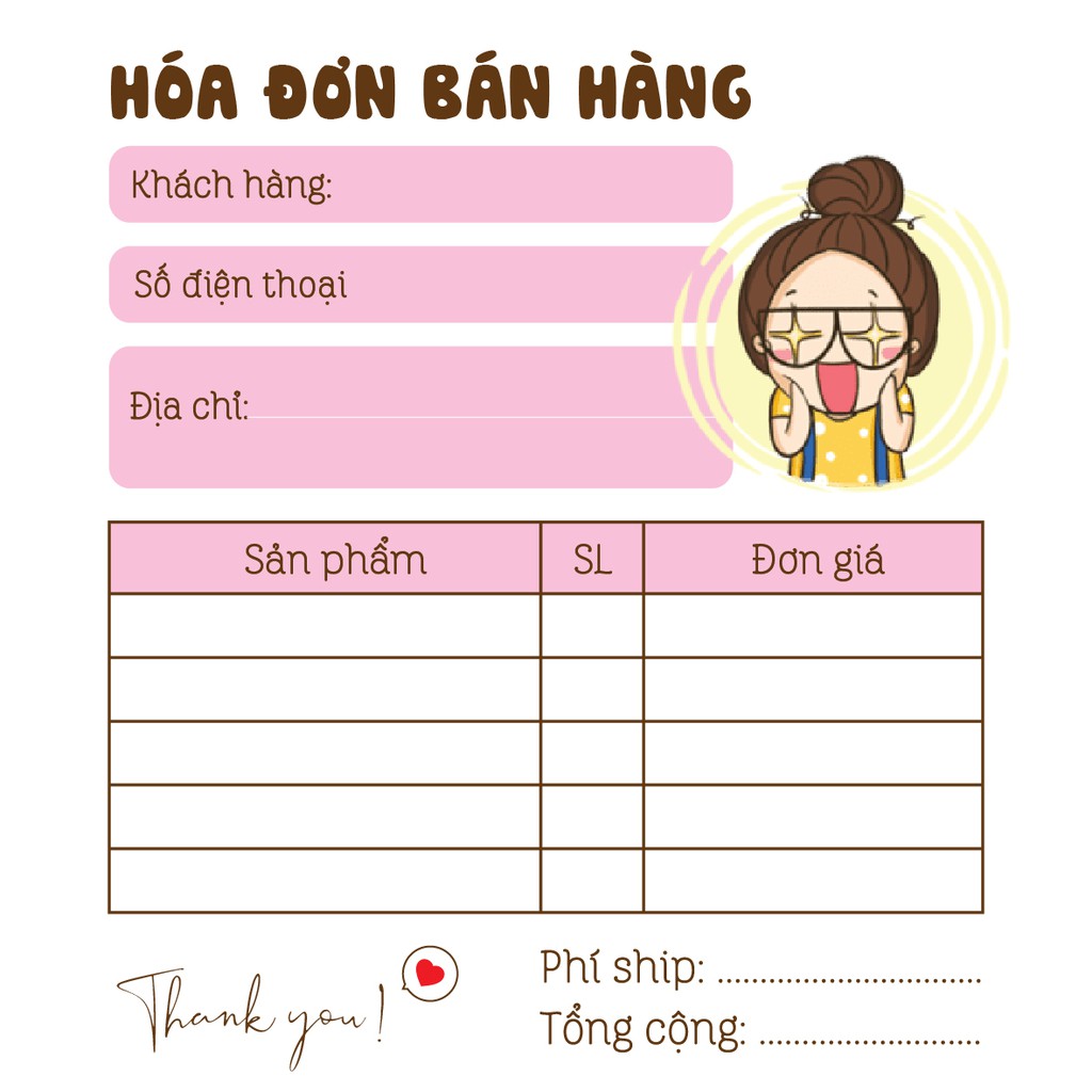 Hoá đơn bán hàng mini 1 liên siêu dễ thương mẫu cô gái áo vàng - V