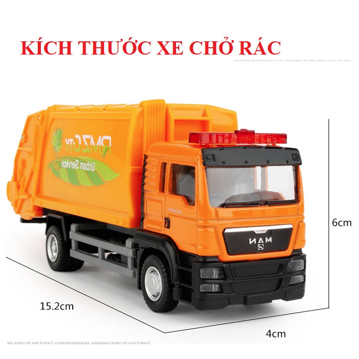 Xe ô tô chở rác mini đầu MAN bằng sắt tỉ lệ 1:64 chạy cót màu cam