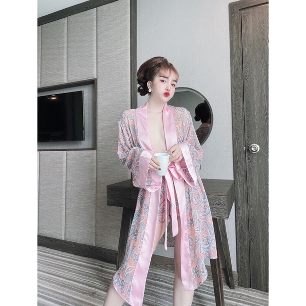 Đồ ngủ nữ sexy, váy ngủ nữ set choàng tay dài sexy gợi cảm quyến rủ chất voan bigsize dưới 65kg