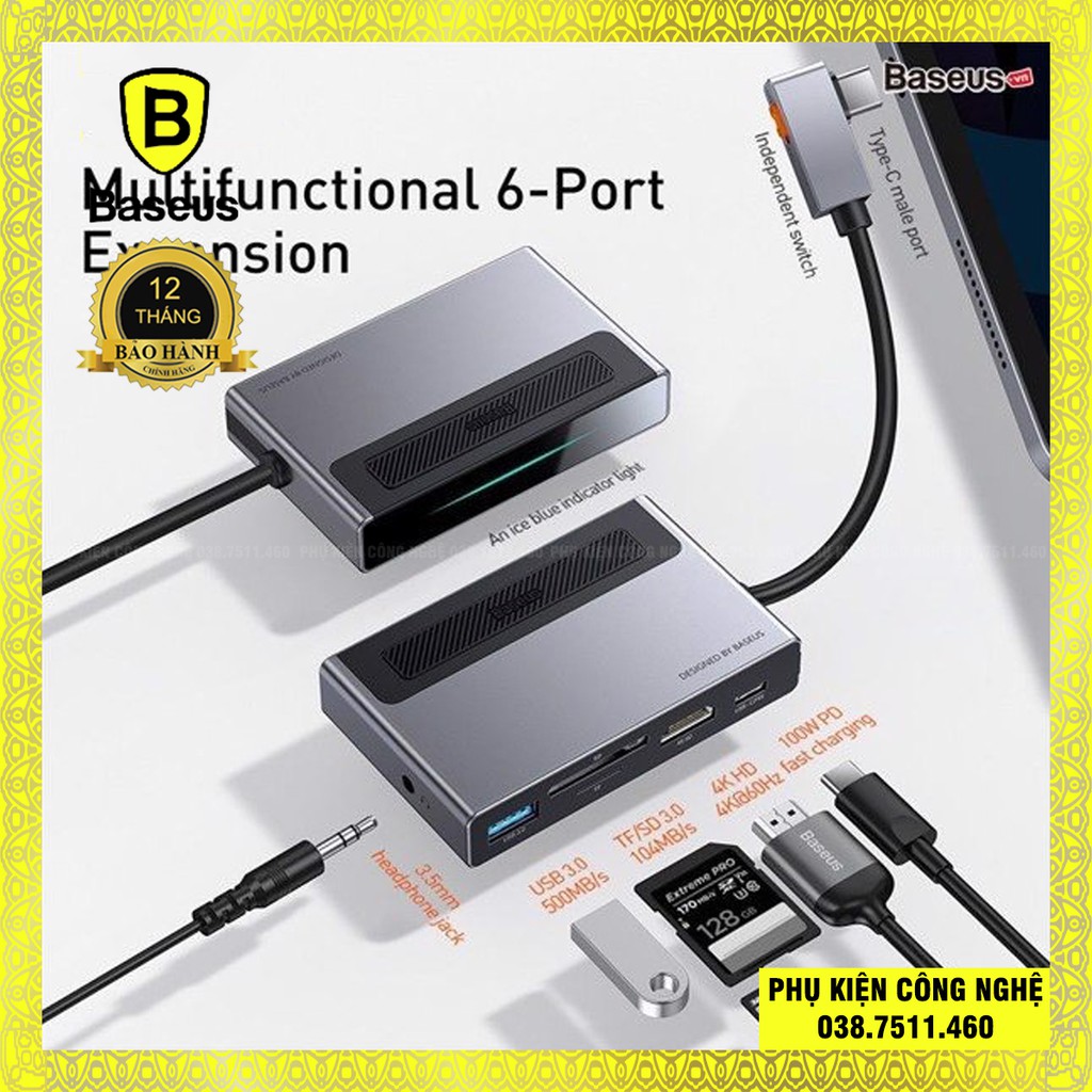 Hub chuyển đổi 6 trong 1 Baseus Magic Multifunctional Type-C HUB (USB 3.0, SD/TF 3.0, HDMI 4K60Hz, 3.5mm, Type C 100W)