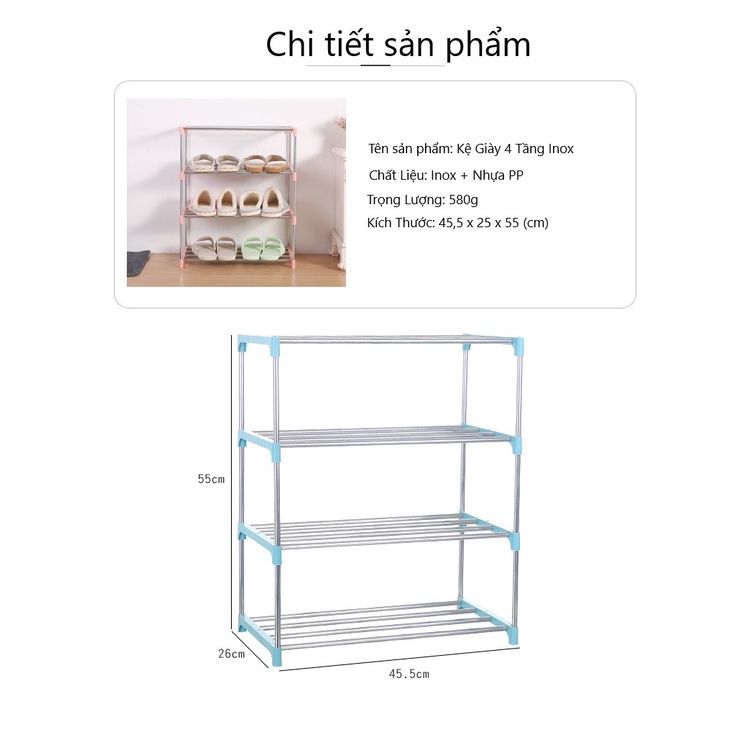 [ĐƯỢC CHỌN MÀU] Kệ Để Giày Dép Inox 4 Tầng Không Rỉ