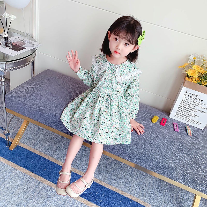 Váy hoa nhí dài tay nhiều màu phối ren cổ cho bé gái