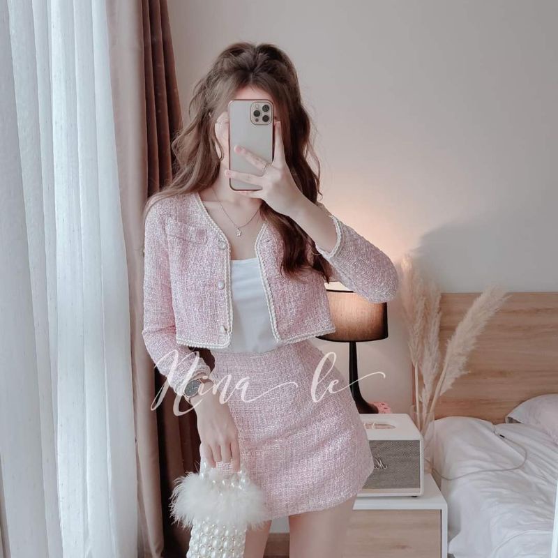 Set dạ tweed hồng 3 món