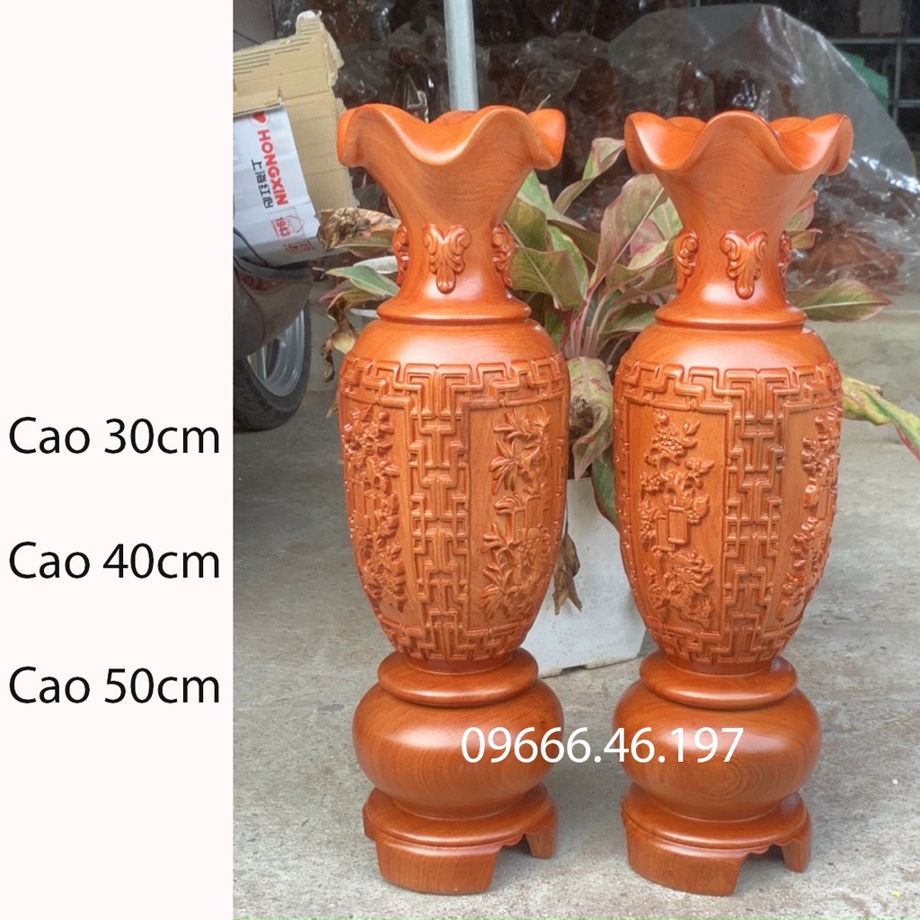 Cặp Lục Bình Đục Tứ Quý Chất Liệu Gỗ Hương Liền Khối
