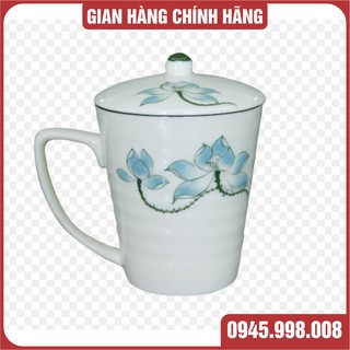 CỐC SỨ VẼ SEN ĐẸP XUẤT SẮC,CỐC CÓ NẮP, QUAI CẦM, DUNG TÍCH 360ml - XƯỞNG GỐM VIỆT