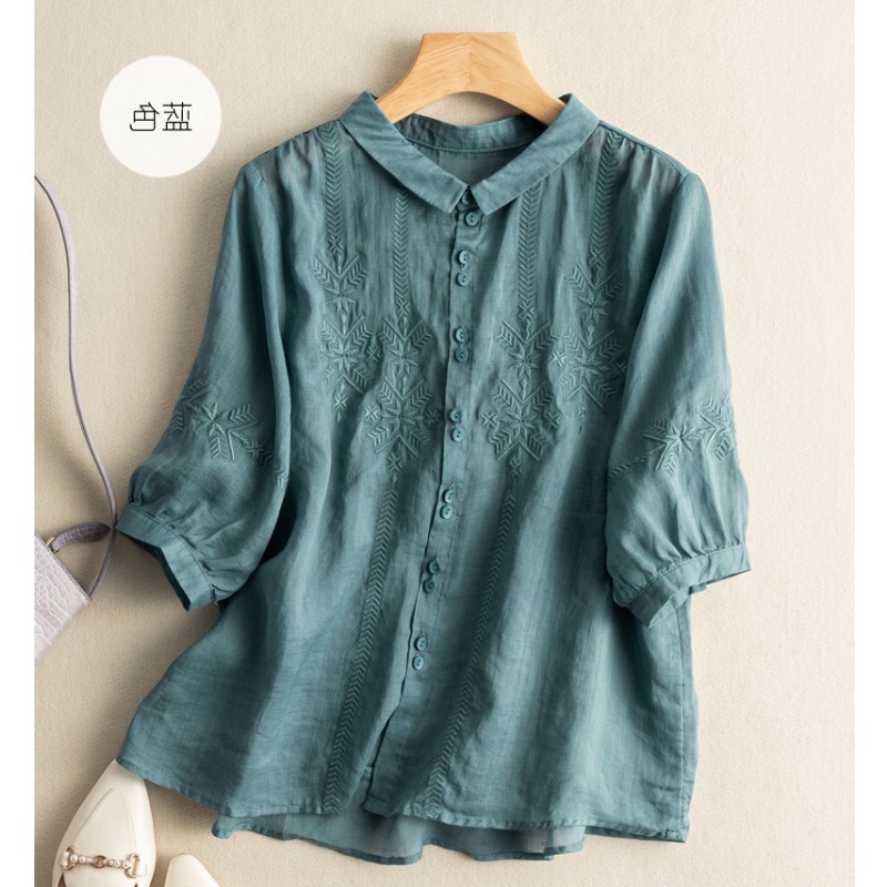 Ice embroidered blouse cotton linen short-sleeved thin shirt Japanese ramie pick up ~ big brand cut label