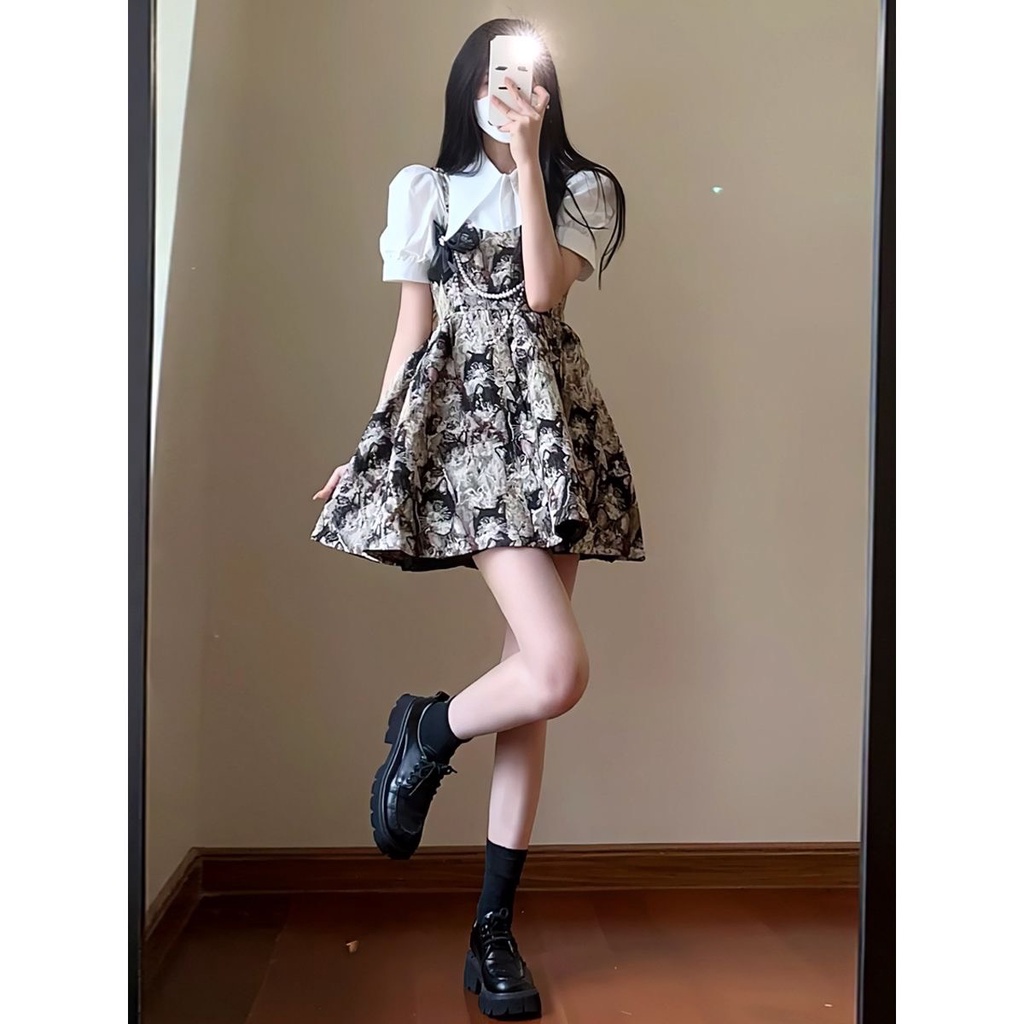 Set áo sơ mi và váy hai dây in hình mèo xinh xắn