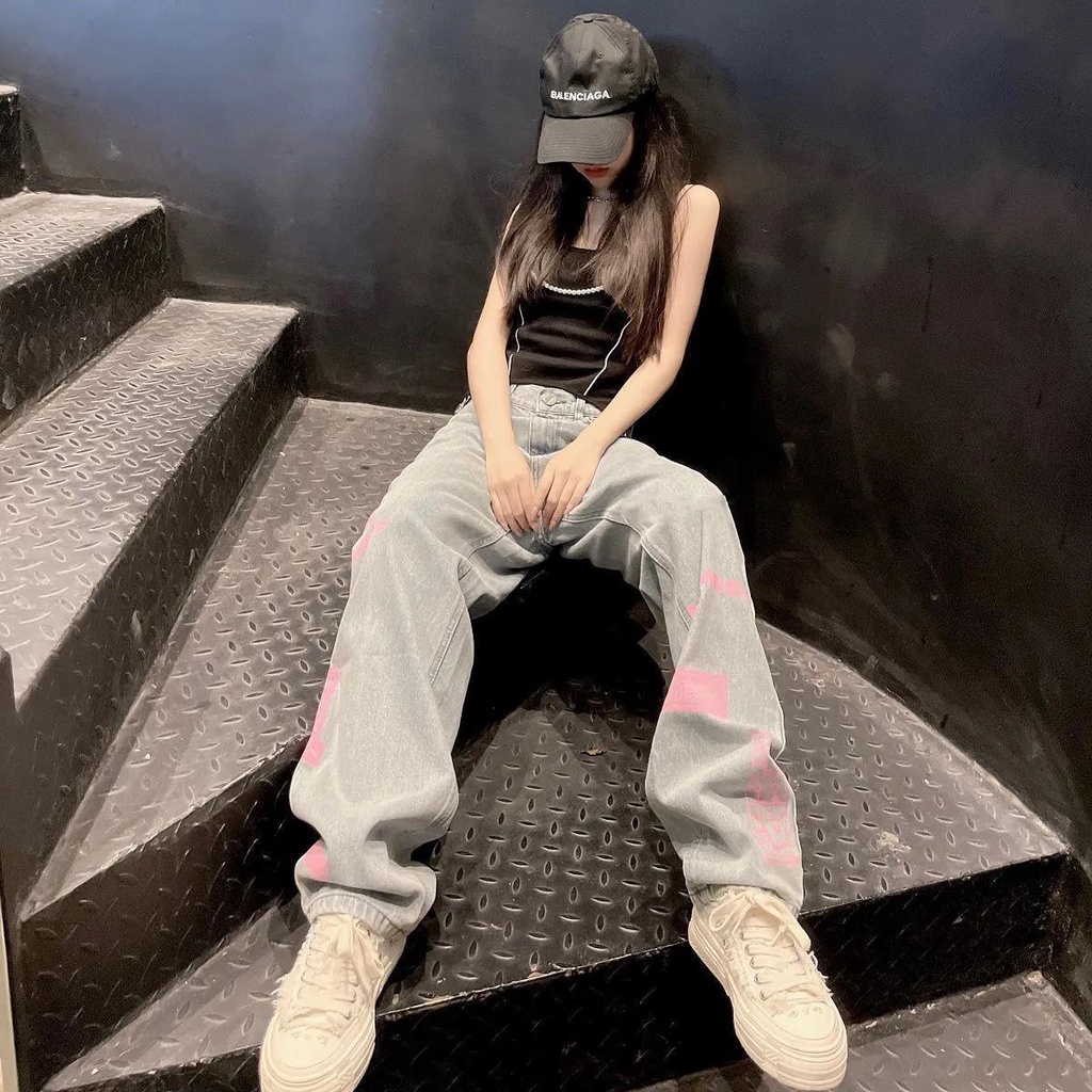 ✟✔Quần Jean Dáng Suông Ống Rộng In Họa Tiết Graffiti Phong Cách Đường Phố Cá Tính Cho Nữ