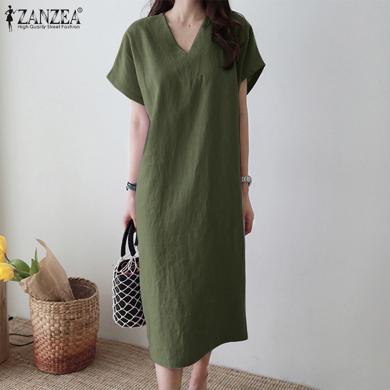 Đầm midi ZANZEA tay ngắn cổ chữ V màu trơn phong cách cổ điển thanh lịch dành cho nữ