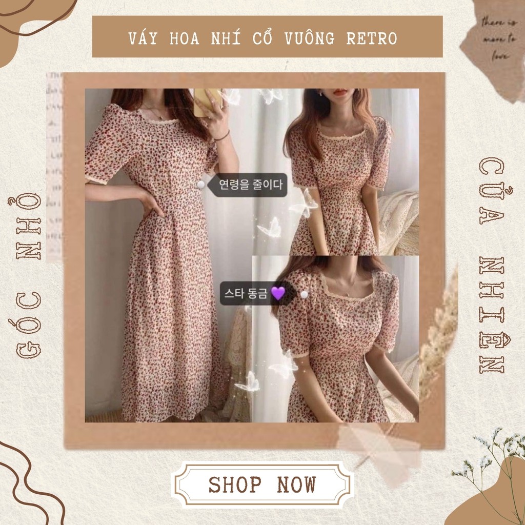 Váy Hoa Nhí Cổ Vuông Viền Ren Vintage Thắt Nơ Eo (ẢNH THẬT+VIDEO)