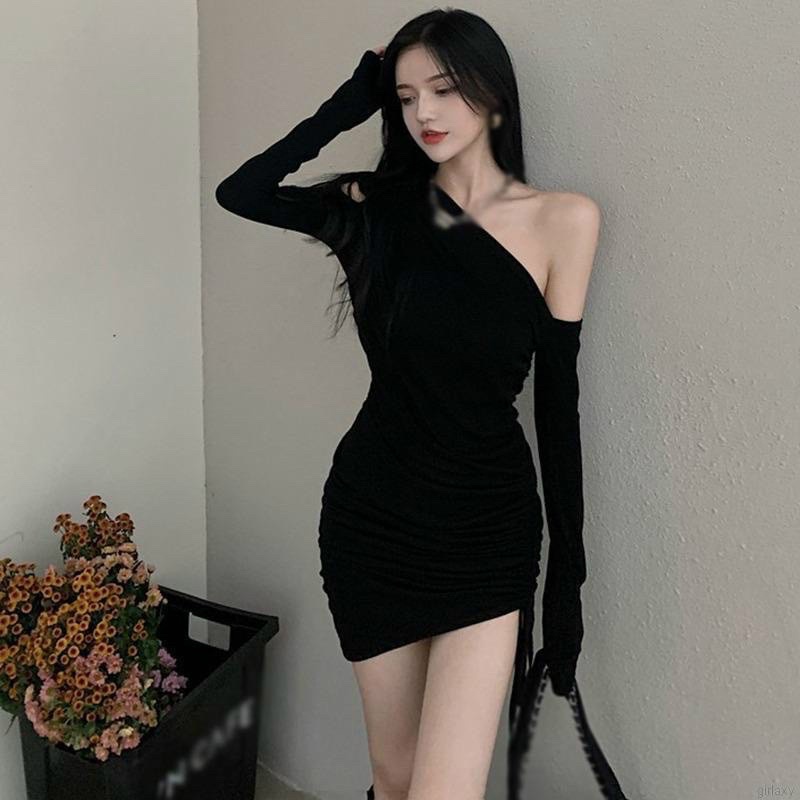 Đầm Body Gân Tăm Rút 1 Bên Tay Xéo Lệch  Vai Khoét