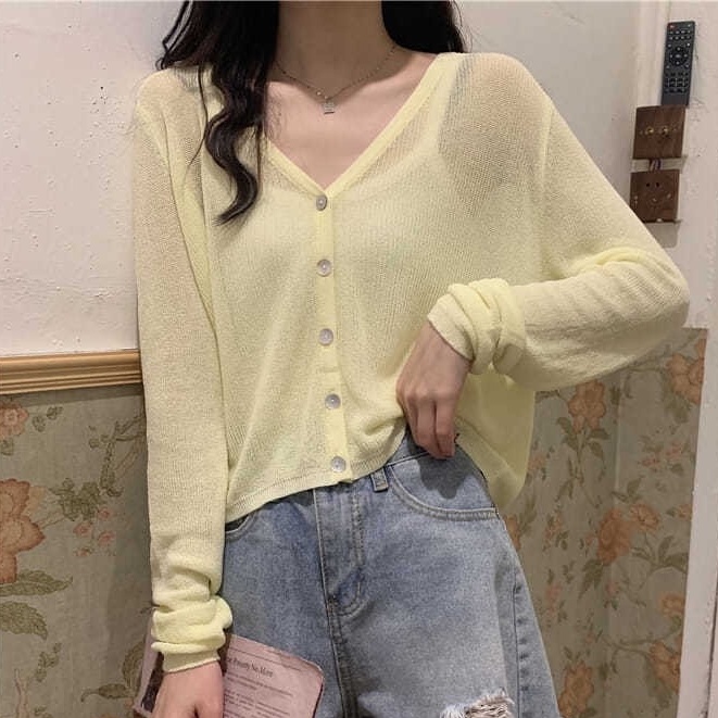 Áo Khoác Cardigan Dệt Kim Mỏng Màu Trơn Cổ Chữ V Tay Dài Chống Nắng Mùa Hè Phong Cách Mới