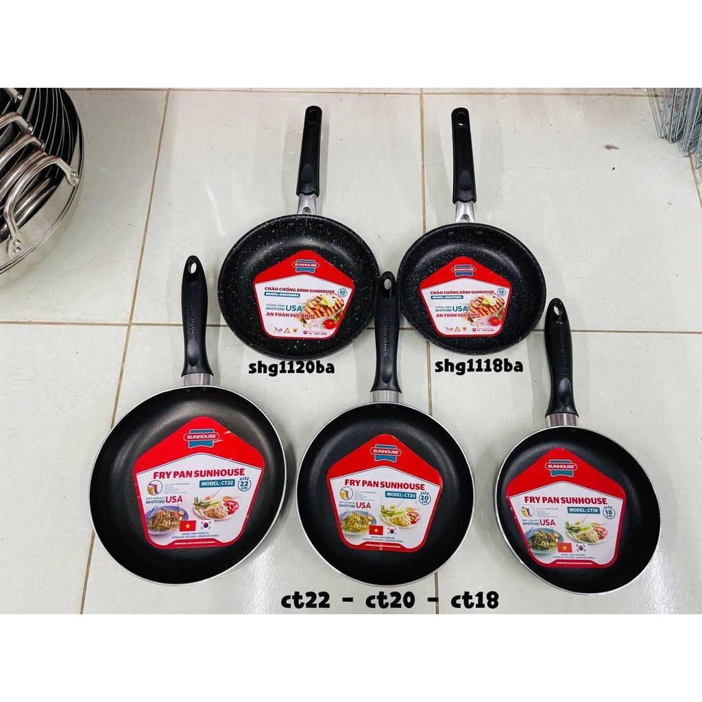 Chảo chống dính vân đá Sunhouse đủ size, từ size 18, 20, 24, 26, 30 cm, có loại dùng được bếp từ