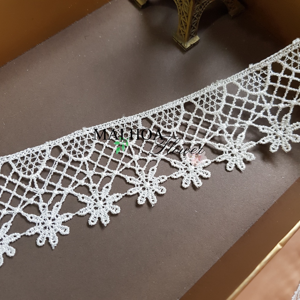 RC12 Cuộn 10 mét dây ren viền váy ren may đồ ren chỉ trắng rộng 5cm Maihoaflower