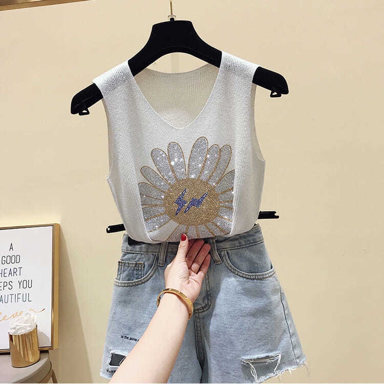 [Zhelihangfei] Áo Sát Nách Dệt Kim Họa Tiết Hoa Cúc Đính Kim Cương Giả