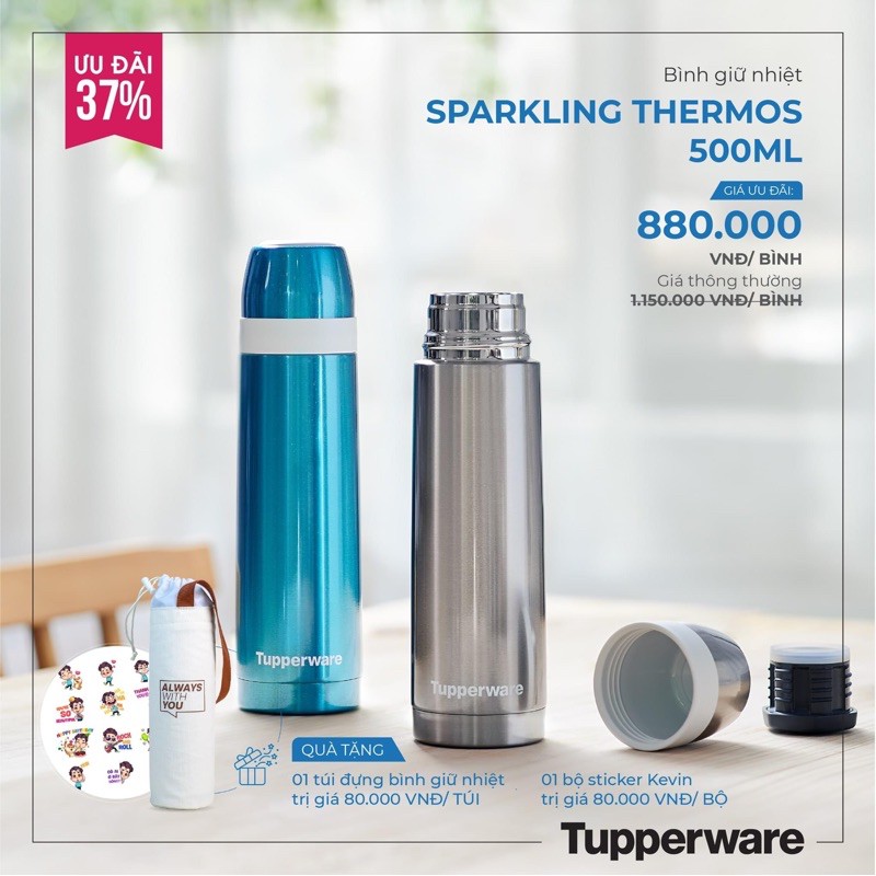 Bình giữ nhiệt Thermos Sparkling ánh kim 500ml + TẶNG TÚI ĐƯNG VÀ 1 BỘ STICKER