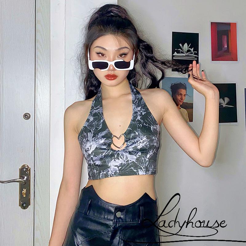 Áo hai dây hở lưng có vòng kim loại in họa tiết trừu tượng thời trang cho nữ