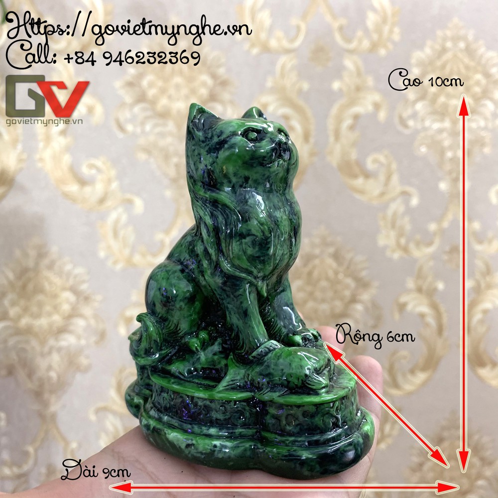 Tượng đá con mèo trang trí phong thủy bàn làm việc mang may mắn - Màu Xanh Lục Bích - Cao 10cm