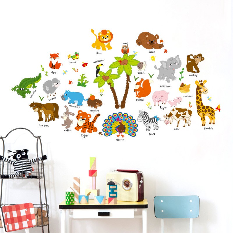 Decal dán tường cho bé, tranh dán tường Hàn Quốc sticker trang trí phòng trẻ em (Sở thú cây dừa)