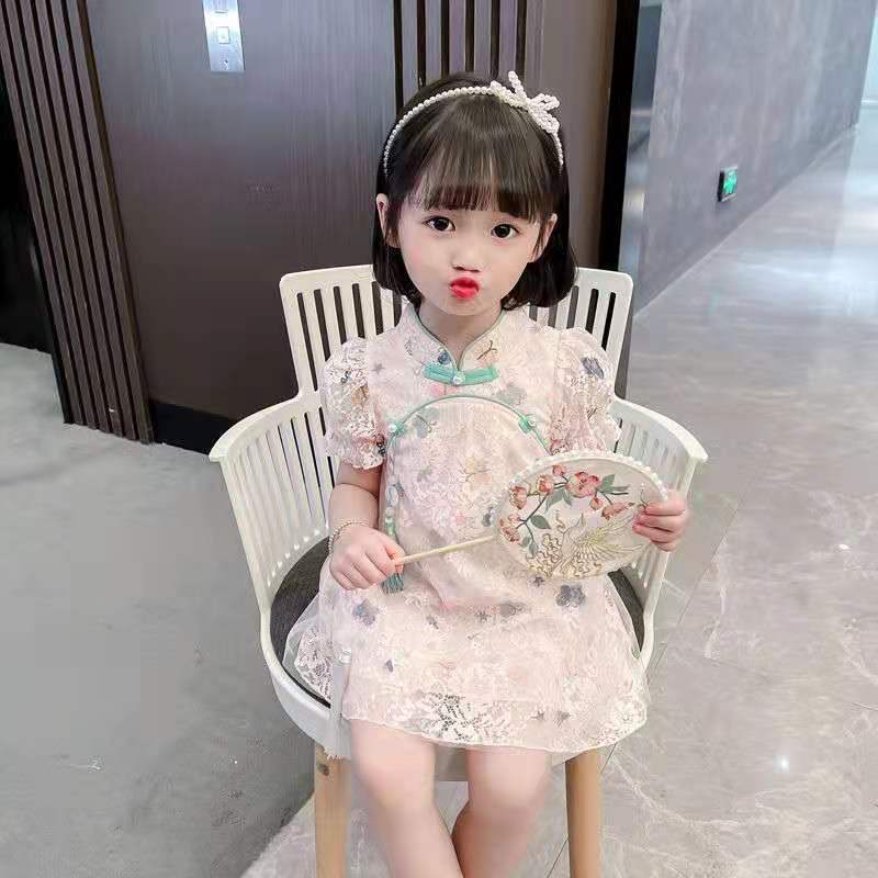 Đầm sườn xám công chúa phối ren hoa thiết kế phong cách thời trang Trung Hoa mùa hè mới cho bé gái