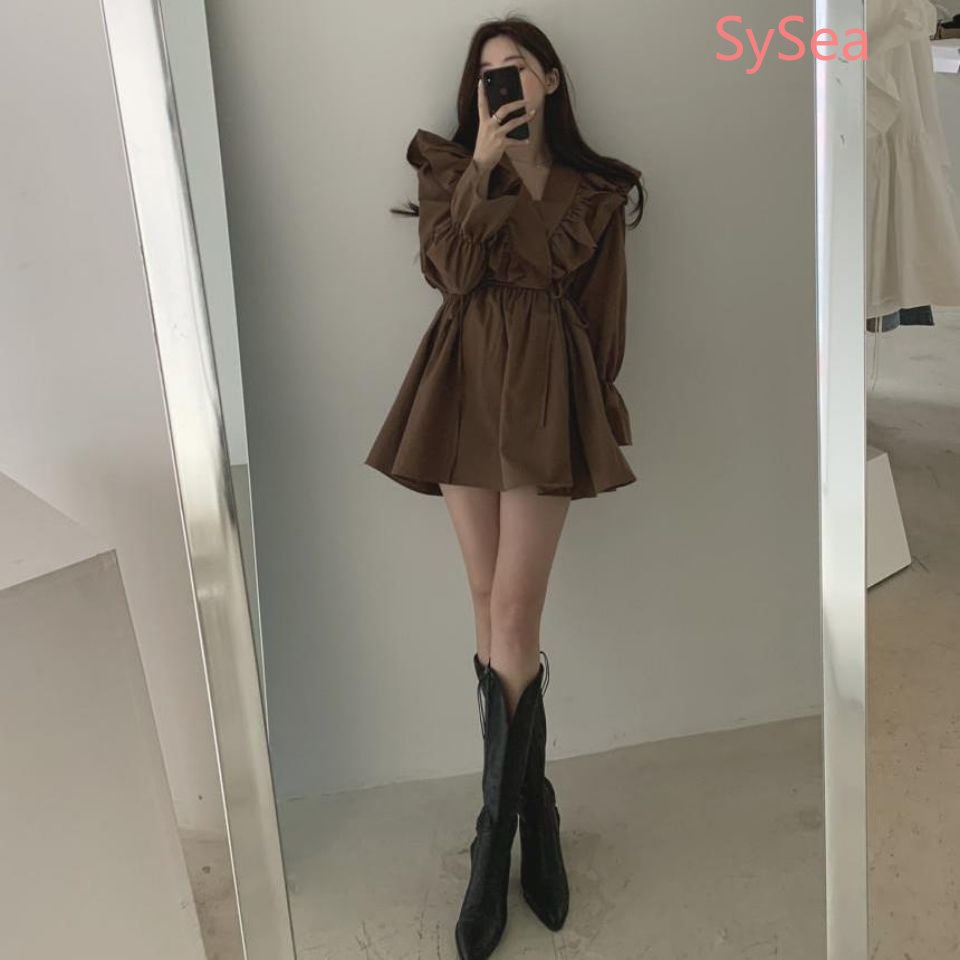 Đầm Dự Tiệc Cổ V Phối Bèo Kiểu Vintage Thời Trang Mùa Thu Cho Nữ