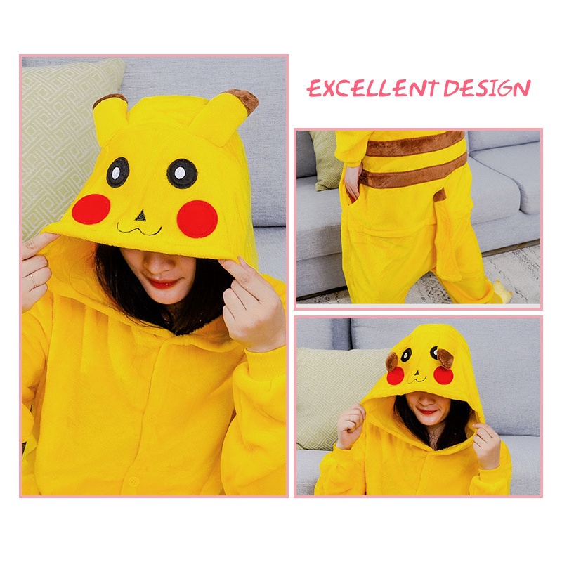 Bộ Đồ Ngủ Liền Thân Hình Pikachu Hoạt Hình Có Mũ Cho Người Lớn Và Trẻ Em
