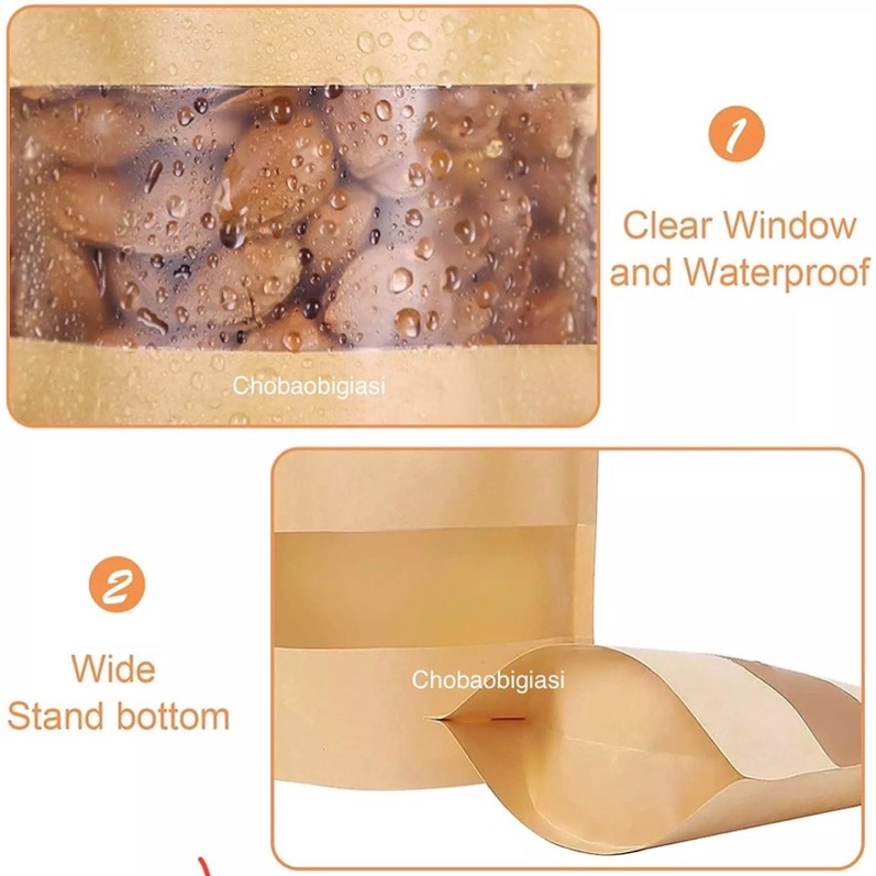 {Giá sỉ 10kg/ size} Túi zipper giấy Kraft Màu VÀNG/TRẮNG đáy đứng cửa sổ tràn có CÁN MÀNG - CHỐNG THẤM NƯỚC (sp y hình