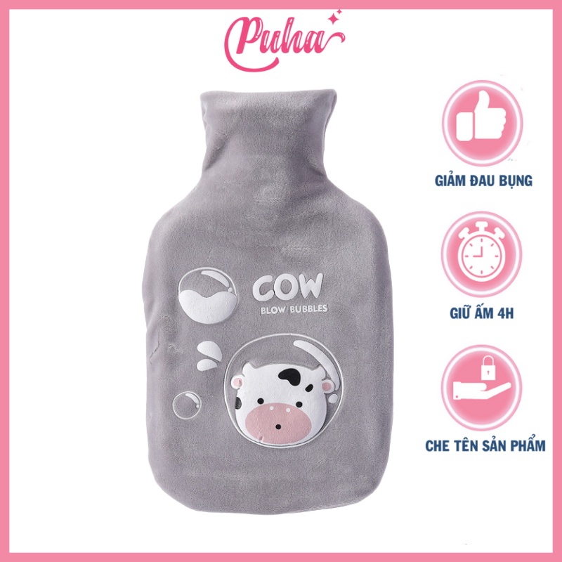 Túi chườm bụng kinh PUHA 1000ml, túi chườm nóng lạnh đa năng, sưởi ấm giảm đau bụng cho bạn nữ