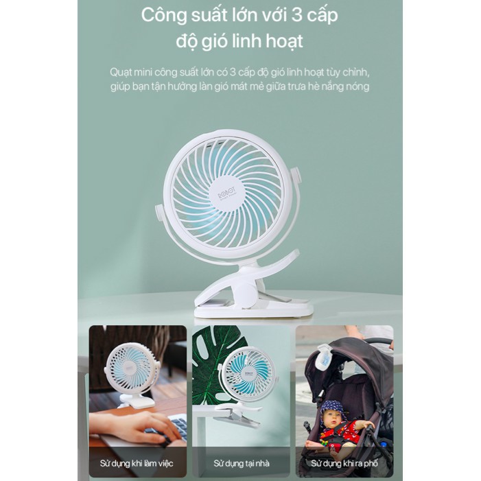 Quạt Mini Đế Kẹp Power Bank 2000mAh 3 Tốc Độ Gió -ROBOT RT-BF10- BH 1 ĐỔI 1 12 THÁNG-Hàng Chính Hãng