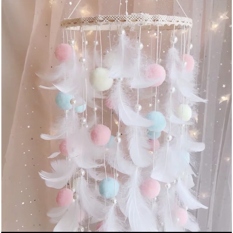 (HOT)Dreamcatcher chuông gió lông vũ tặng kèm đèn Led trang trí cửa sổ, bảo vệ giấc ngủ ngon