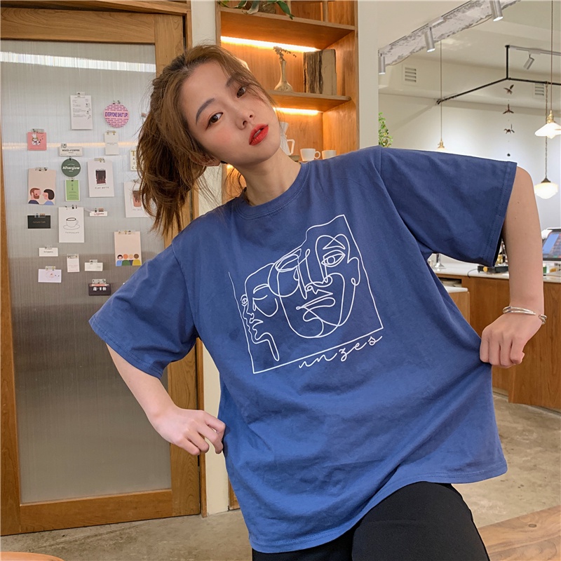 SUXI Áo thun ngắn tay cổ tròn in họa tiết cổ điển thời trang hàn quốc