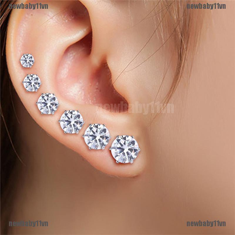 Set 6 đôi khuyên tai tròn bằng thép không gỉ đính đá zirconia cỡ 3mm-8mm thời trang