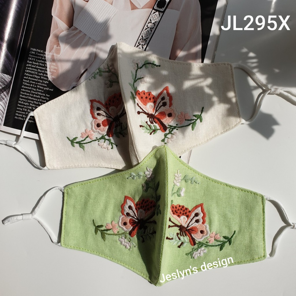 Khẩu trang thêu tay vải linen hình bướm và hoa JL295DX