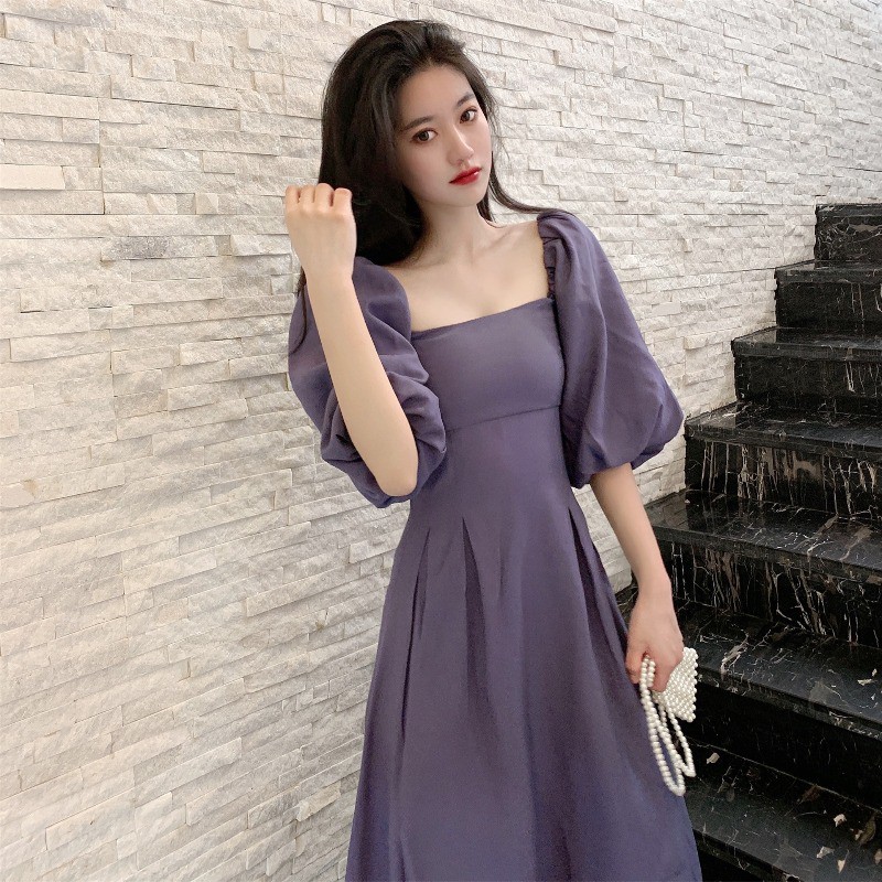 SẴN | ĐẦM TÍM DÀI CỔ VUÔNG TAY PHỒNG UZLLANG | BigBuy360 - bigbuy360.vn