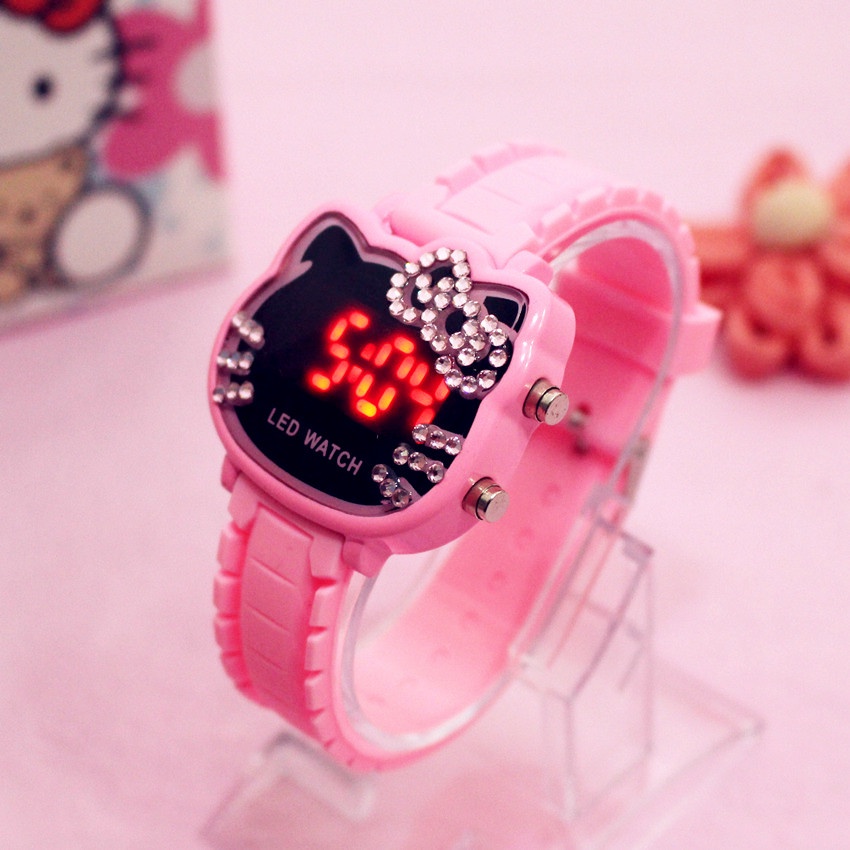 Đồng Hồ Đeo Tay Dây Silicon Có Đèn led Hình hello kitty Dễ Thương Cho Bé Gái