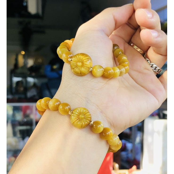 Vòng tay mắt hổ_vàng tâm 8li mix cham cúc họa mi