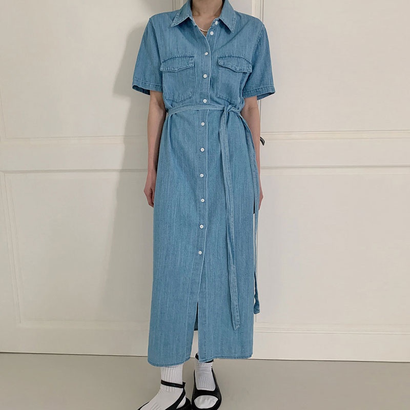 Đầm sơ mi demin dáng dài kèm belt