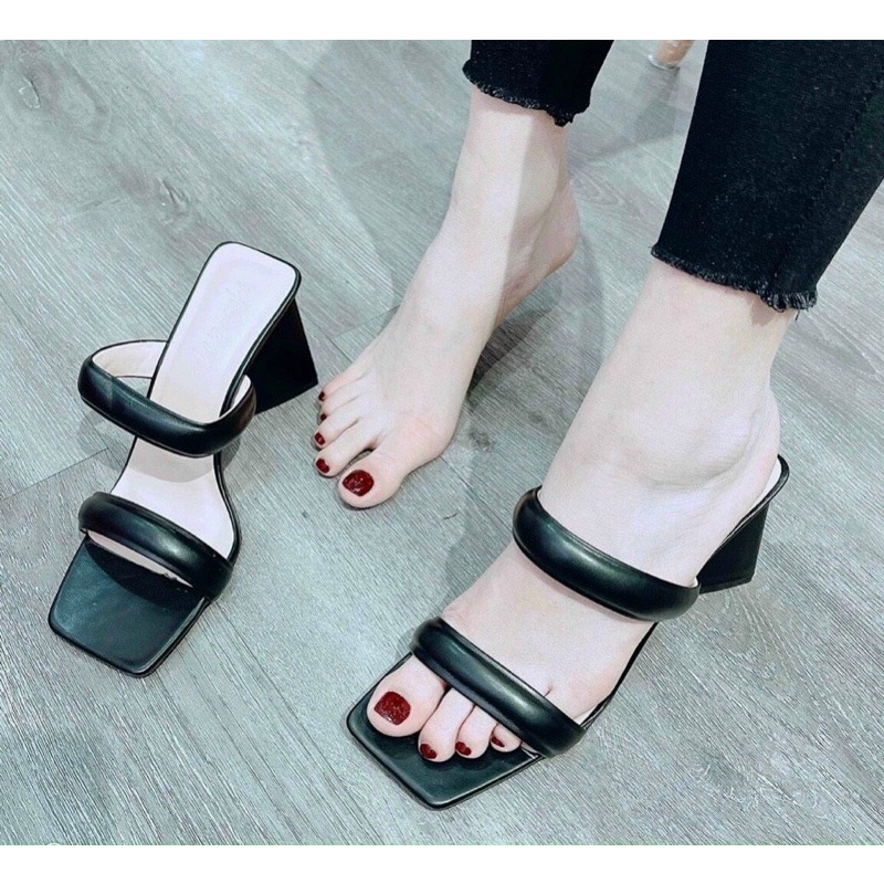 Bán Sỉ- Dép nữ cao gót hai quai phồng da lì gót tam giác 9cm phong cách sang chảnh