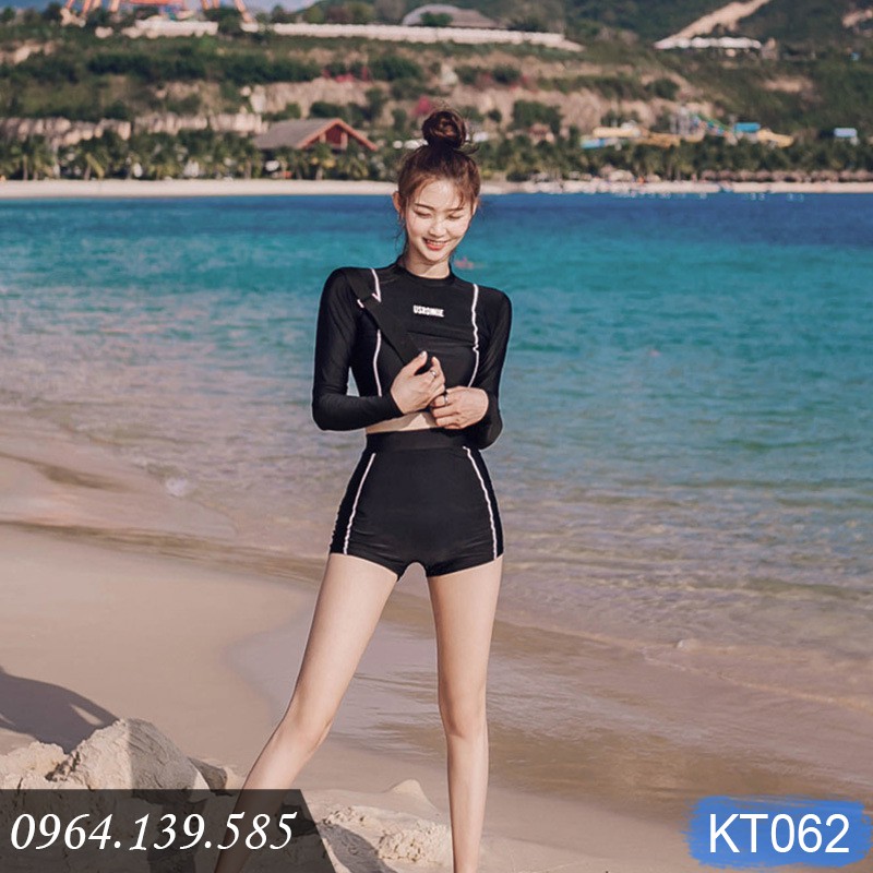 [LẺ SIZE 51-56kg] - Bikini 2 mảnh tay dài chống nắng, quần đùi cạp cao kín đáo, màu đen khỏe khoắn | KT062