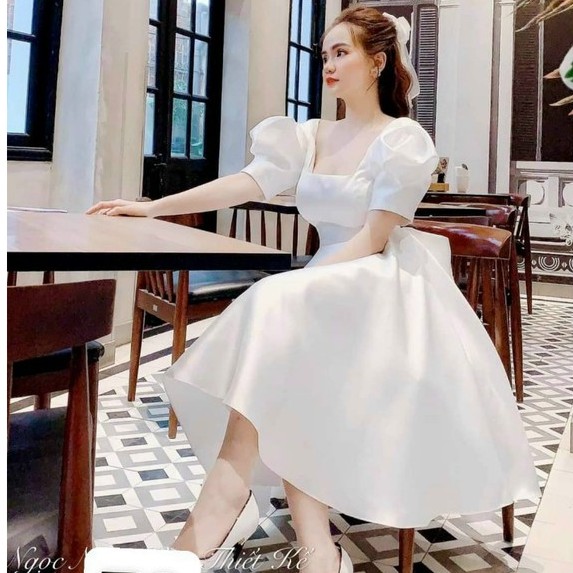 Váy Thiết Kế Xòe a thiết kế hàn quốc, Váy xòe a trắng cổ vuông tay bồng, nơ lưng cá tính V03 | BigBuy360 - bigbuy360.vn